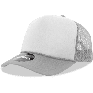 A grey and white 5 Panel Mid Profile Structured Foam Trucker cap with mesh panels and a circular logo.