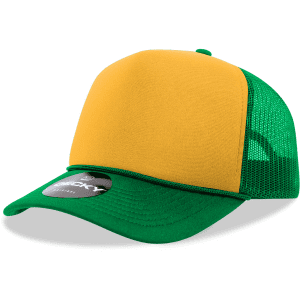 A green and yellow 5 panel mid-profile structured foam trucker cap with mesh sides and a logo.