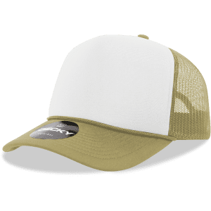 A structured foam trucker cap featuring a white front panel and khaki mesh sides. The cap includes a logo.