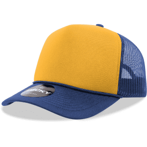A yellow and blue 5 Panel Mid Profile Structured Foam Trucker cap with mesh sides and a logo on the front.