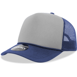 A structured foam trucker cap featuring a grey front panel and blue mesh sides. It has a logo on the front.
