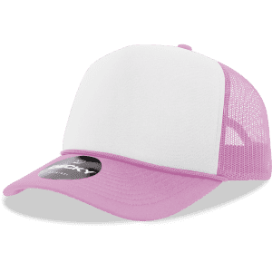 A pink and white 5-panel mid-profile structured foam trucker cap with a mesh back and a logo.