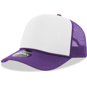 A purple and white 5-panel mid-profile structured foam trucker hat with a mesh back and a branding logo.