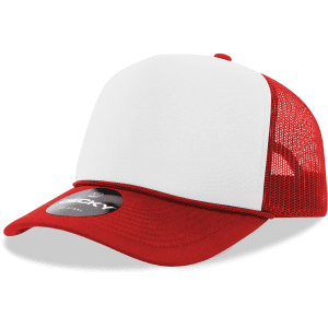 A red and white 5-panel mid-profile structured foam trucker cap with a mesh back and a logo.