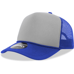 A grey and blue 5 panel mid profile structured foam trucker cap with a mesh back and a logo.