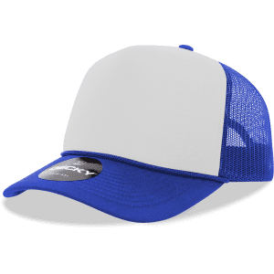 A blue 5-panel mid-profile structured foam trucker cap with a white front and mesh sides, featuring a logo on the brim.