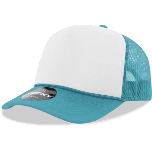 A teal and white 5 panel mid-profile structured foam trucker cap with a mesh back and a branded label on the brim.
