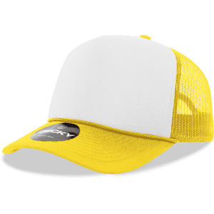 A yellow 5 panel mid profile structured foam trucker cap with a white front panel and mesh sides, featuring a logo.