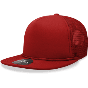 A red five-panel high-profile structured foam trucker cap with a mesh back and a logo.