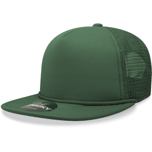 A green 5-panel high profile structured foam trucker cap with a mesh side panel and a logo.