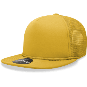 A high-profile structured foam trucker cap in bright yellow with mesh sides and a logo.