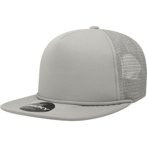 A grey 5 panel high profile structured foam trucker cap with a mesh back and a branded tag.