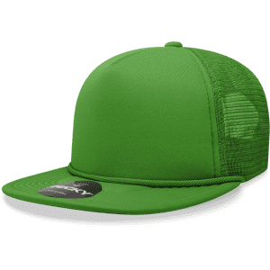 A green high profile structured foam trucker cap with mesh sides and a branded logo.