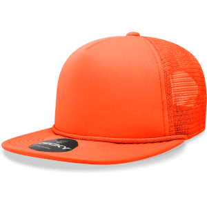 A high profile structured foam trucker cap in vibrant orange, featuring a mesh back and a logo on the front.