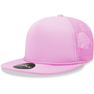 A pink 5 Panel High Profile Structured Foam Trucker hat with a mesh back and a branded patch.