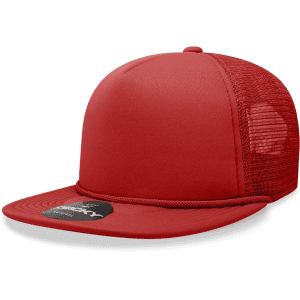 A red 5 Panel High Profile Structured Foam Trucker cap with a mesh back and a logo on the front.