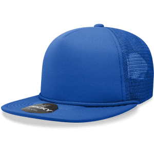 A blue 5 Panel High Profile Structured Foam Trucker cap with a mesh back and a branded label on the front.