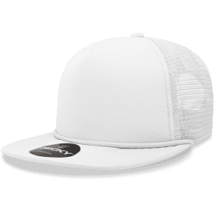 A white high-profile structured foam trucker cap with a mesh back and a branded label on the front.