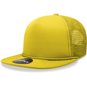 A bright yellow 5 panel high profile structured foam trucker cap with a mesh back and a branded tag.