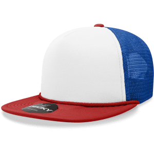 A structured foam trucker cap featuring a red front, white top, and blue mesh sides. Includes a logo on the front.