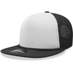 A black and white 5 Panel High Profile Structured Foam Trucker cap with mesh sides and a logo.