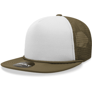 A brown and white 5 panel structured foam trucker hat with a mesh back and an attached logo.
