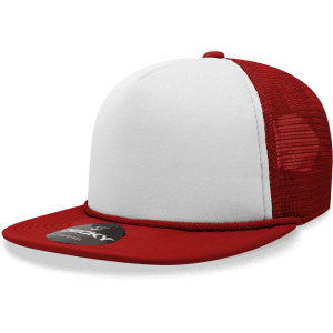 A red and white 5 Panel High Profile Structured Foam Trucker cap with a mesh back and a tag.