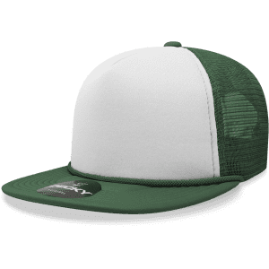 A green and white 5-panel high-profile structured foam trucker hat with a mesh back and a logo.
