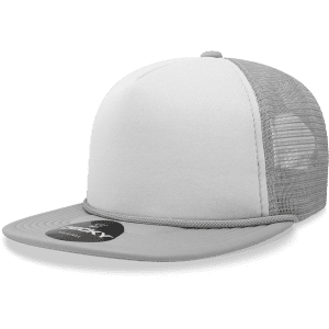 A structured foam trucker cap in grey with a mesh back and a branded tag on the front.