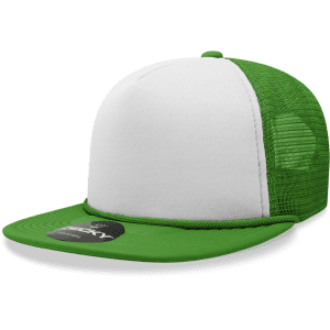 A green and white 5 Panel High Profile Structured Foam Trucker cap with a mesh back and a circular logo.