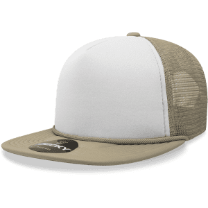 A high-profile structured foam trucker cap with a beige brim and mesh back, featuring a logo.
