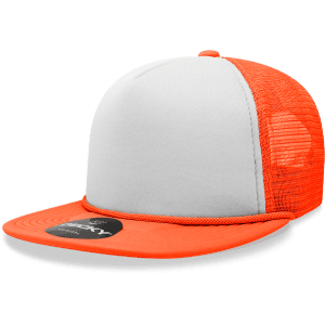 A high-profile structured foam trucker cap in orange and white, featuring a mesh back and a logo on the front.