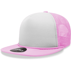 A high-profile structured foam trucker cap in pink with a mesh back and a plain front panel.