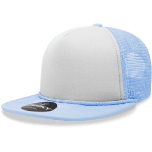 A light blue and grey 5 Panel High Profile Structured Foam Trucker cap with a mesh back and a logo.