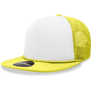 A high-profile structured foam trucker cap in bright yellow with a white front panel and mesh sides. Features a logo.