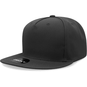 A black 5 panel high profile structured snapback cap with a branded logo on the front.