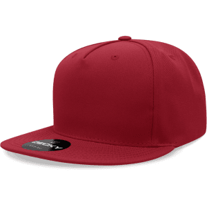 A red 5 panel high profile structured snapback cap with a flat brim and a logo on the front.