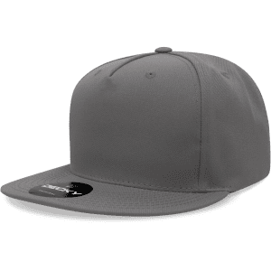 A grey 5 panel high profile structured snapback cap with a branded logo on the front.