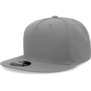 A grey 5 panel high profile structured snapback cap with a flat brim and logo.