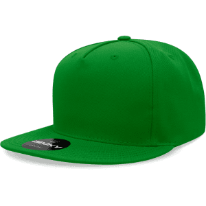 A green 5 Panel High Profile Structured Snapback cap with a flat brim and a branding logo.