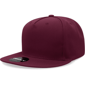 A maroon high-profile structured snapback cap featuring a flat brim and a logo.