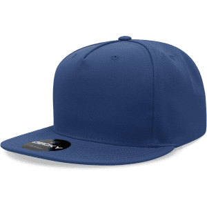 A blue 5 panel high profile structured snapback cap with a flat brim and a logo on the front.