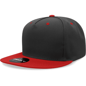 A snapback cap featuring a high-profile design with a grey body and red brim, complete with a logo.