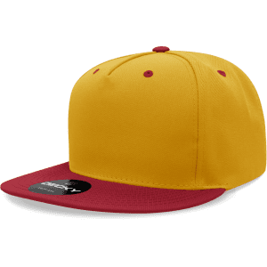 A yellow snapback cap with a red visor and a structured high-profile design. It features a logo on the front.