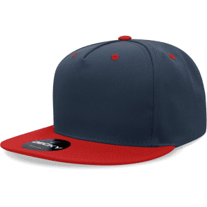 A structured snapback hat in navy with a bright red flat brim and button. It features a logo on the front.
