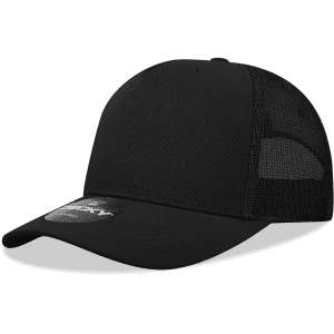 A black 5 Panel Mid Profile Structured Trucker cap with mesh panels and a logo on the front.