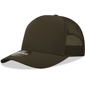 A dark olive green 5 panel trucker cap with a mesh back and a branding logo.