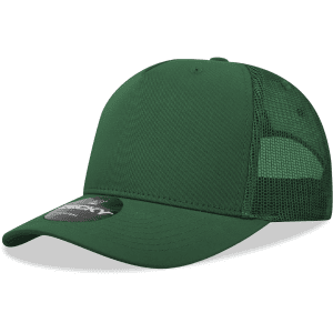 A green 5 Panel Mid Profile Structured Trucker cap with mesh sides and a flat brim, featuring a logo on the front.
