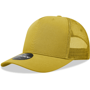 A structured yellow trucker cap with a mesh back and a logo.