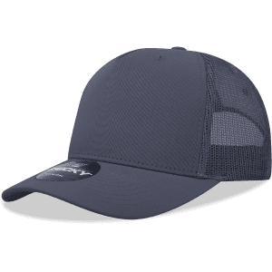 A grey 5 panel mid-profile structured trucker cap with mesh sides and a curved peak. Features a logo on the front.